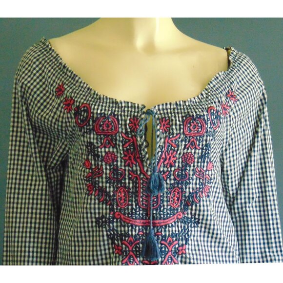 3J Workshop Johnny Was Navy Check Pink Floral Embroidery Off Shoulder Top Sm - Picture 3 of 12